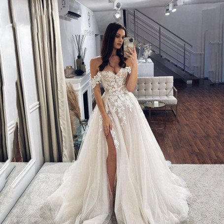 Sexy Ladies Off Shoulder Lace Appliqué Beach Wedding Dress Boho Side High Slit Bridal Dress Sleeveless Robe De Mariée Noiva