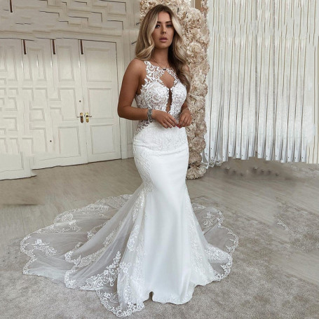 Sexy Mermaid Wedding Dresses Open Back Scoop Neck Plus Size Lace Appliques Bride Dress Sweep Train Vestido De Novie Custom