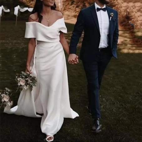 Formal Fashion A-Line Wedding Dresses Off Shoulder Chapel Train Lace Tulle Short Sleeve Romantic Sexy with Buttons Appliques