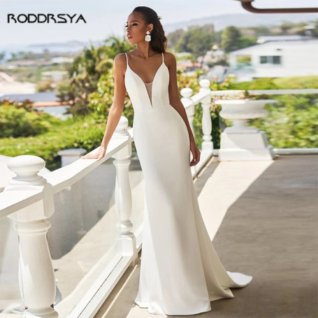 Simple Mermaid Wedding Dress For Women White Bridal Gown Bride V Neck Spaghetti Straps Backless Vestidos De Noiva Mariage