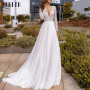 Lace Long Sleeves Chiffon Wedding Dress Boho for Women Deep V-Neck A Line Open Back Bohemian Bride Gown Sweep Train