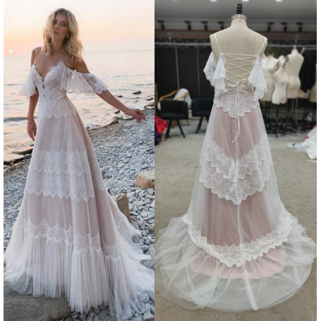 Sexy V Neck Open Back Spaghetti Straps  A-Line Bohemian Sweep Train  Lace Wedding Dress Bride Gown