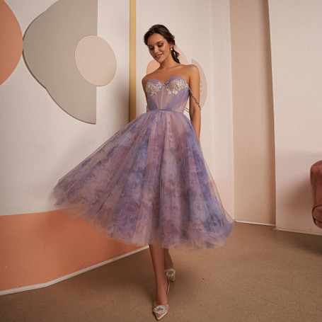 Elegant Floral Print A-line Purple Prom Dress Sleeveless Beaded Open Back Gowns