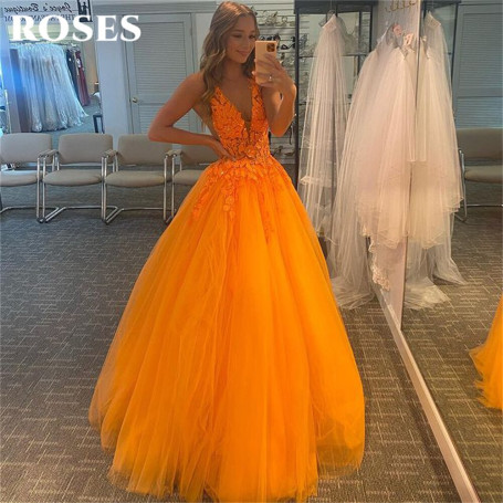Spaghetti Strap Orange Evening Gown Elegant ASppliques Lace Prom Dress A Line Wedding Evening Dress Custom Size robes de soirée