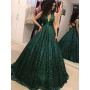 Green A Line Shiny Sequins Prom Dresses Off-Shoulder Sleeveless Sexy V-Neck Evening Dress Backless