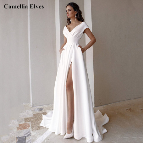 Simple Modern Chiffon Wedding Dress Cap Sleeve Sexy Slit Bride Dresses Elegant V Neck Bridal Gown Vestidos De Novia