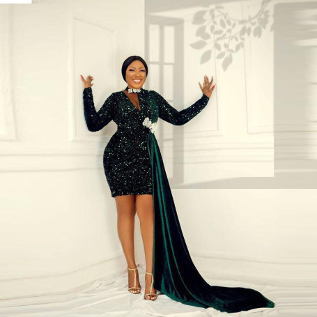 Hunter Green Sequined Short Prom Dresses With Side Train Mini Mermaid Cocktail Dress African Women Formal Gowns