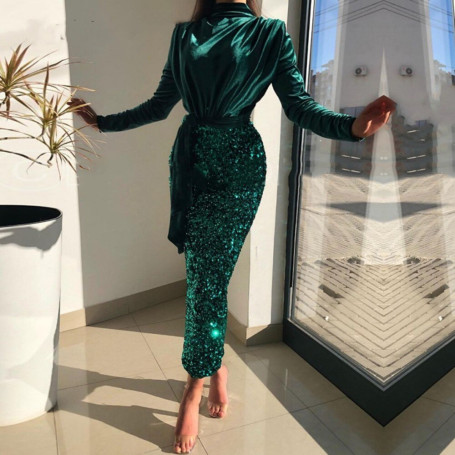Modern Green Velour Evening Dresses' Long Sleeves Glitter Sequin Mermaid Prom Party Gowns Tea Length Women Robe