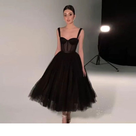 Elegant Little Black Dresses A Line Spaghetti Straps Exposed Boning Tulle Prom Gowns Lady Formal Occasion Guest Evening Night