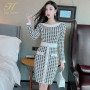 New hounds tooth long-sleeved button-bottomed knitted pullover dress keep warm pencil sheath dresses