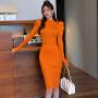 Women's Long Sleeve Puff Sleeve Sweater Knit Dress Bottoming Simple Pencil