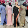 High Split Side Prom Dress Sequins One-Shoulder Evening Gown Lady Pageant Cocktail Strapless Red Carpet Long Sleeve
