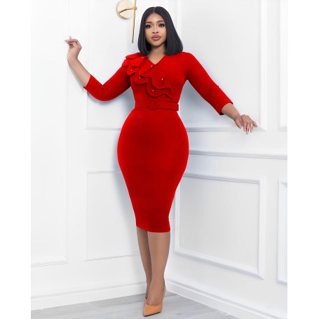 Fashion Dress Women's Solid V-Neck Long Sleeve Pencil Dress Elegant Commuter Fitted Dress