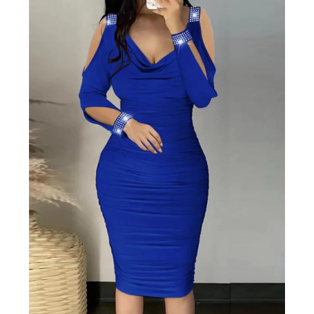 Sexy Elegant Off Shoulder Tight Dress Women Fashion V-Neck Hollow Out Diamond Long Sleeve Stacked Slim Dress