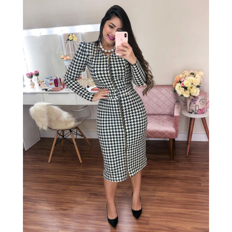 Tight Dress Women Fashion Elegant Plaid Print Belt Long Sleeve Dress