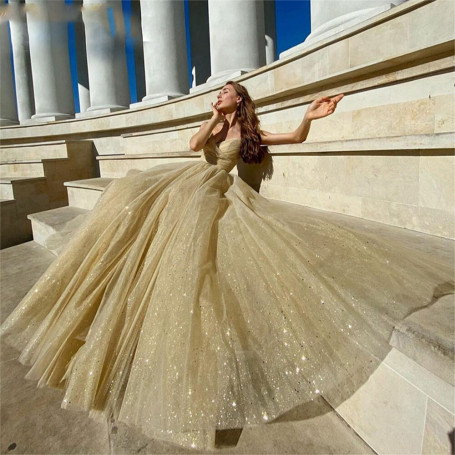 Sexy Ladies Spaghetti Strap V-Neck Shiny Tulle Backless A-Line Dresses and Floor Robes