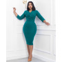 Elegant Slim Dress Women Solid V-Neck Ruffle Pearl Belt Dress Women