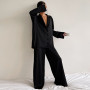 Women's Silk Pajamas Lace Silk Loose Low Cut Sexy Single Breasted Long Sleeved Wide Leg Pants