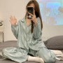 Silk Long Sleeved Pajamas Set for Women Vertical Stripes Sleepwear Nightwear Clothes