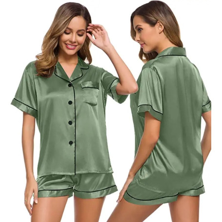 Satin Pajamas Women's Short Sleeve Sleepwear Soft Silk Button Down Loungewear Shorts Set S-XXL