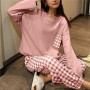 Plaid Pajamas Ladies Long Sleeve Polyester Cotton Large Size Casual Sleepwear Set