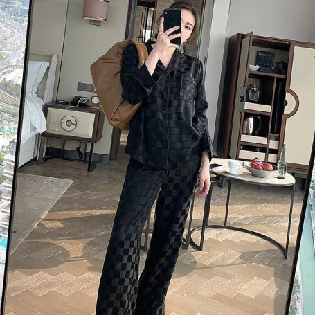 5XL oversized jacquard plaid silk long-sleeved suit ice silk pajamas women's cardigan