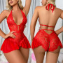 Open Crotch​ ​lingerie Women Lace Transparent Sexy Sleepwear Deep V Open Bra Pajama Set Erotic Nightdress