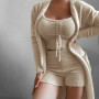 3pcs Plush Shorts Set Women Outfit Sexy Square Collar Crop Top Shorts + Cardigan Coat 3 Piece Set