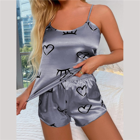 New Fashion Sexy Floral Pajama Set Women's 2 Pieces Sleepwear Silk Satin Cami Top and Shorts