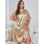Solid Golden Sleepwear Dresses V Necked For Women Pajama Ruffled Short Sleeves Nightwear Elegant Loungewear