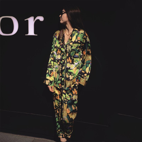 Silk Satin Forest Green Printed Pajama Set Sleepwear for Women 2 Pieces Long Sleeve Pajama