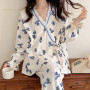 Nightwear Elegant Women Pajama Sets V-neck Sleepwear Kimono Blue Loungewear