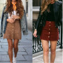 Women Casual Mini High Waist Short Skirts Button bodycon Lace Up Suede Leather Skirt