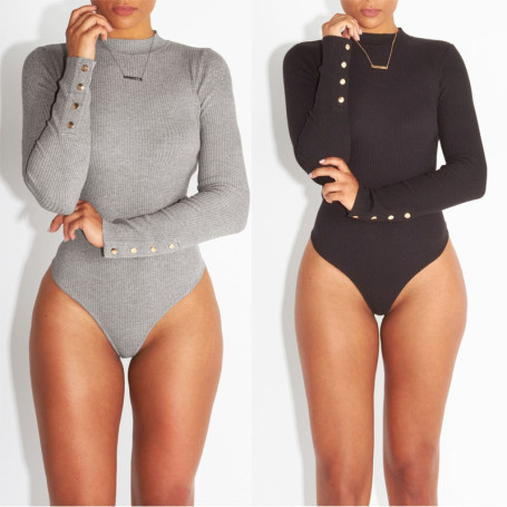 Women Long Sleeve Bodysuit Fashion Sexy Stretch Leotard With Button Solid Slim Casual Ladies Rompers