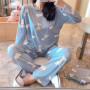 Thin 2pieces Pajama's Set Women Sleepwear Lovely Round Neck Girls Teacup Sleepwear Long Sleeve Pajamas