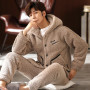 Hooded Double Sides Thick Flannel Antistatic Male Pajamas Set Soft Elastic Waist Long Pants Plus Size