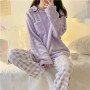 Women Print Warm Flannel Coral Velvet Long Sleeve Sleepwear Pajamas Set