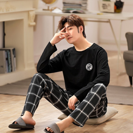 Men Pajamas Set Cotton Print Sleepwear Night Suit Casual Long Sleeve Plaid Pants Plus Size