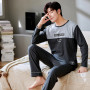 100% Cotton Men Pajama Sets Plus Size 3XL Causal Loose Long Sleeve Long Pants Patchwork Lounge