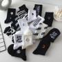 Women's Socks Black and White Street High Tube Pile Socks Solid Color Embroidery Socks