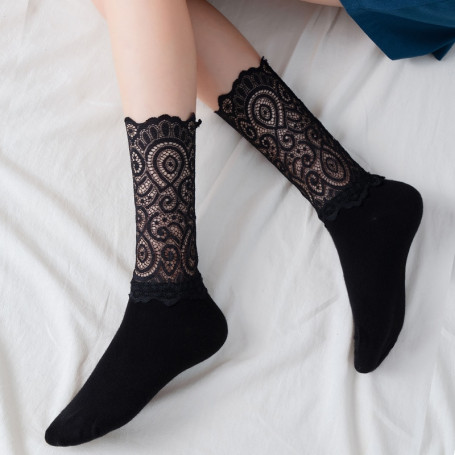 Lace Socks Women Sheer Sexy Frilly Mesh Slouch Transparent Fishnet Black White Ruffle Lolita Ladies Dress Crew Sock