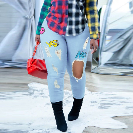 Plus Size Women Sequin Ripped Jean High Waist Stretch Denim Trouser Casual Fashion Pencil Pant