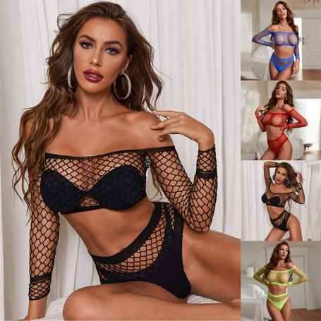 Sensual Erotic Lingerie Woman See Through Fishnet Underwear Set Sexy Hollow Out Long Sleeve Tops
