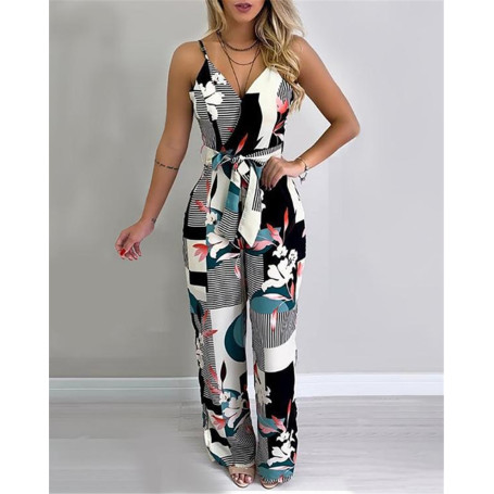 Women Wide Leg Long Pants Jumpsuit Floral Printed Sling V-Neck Low Chest Loose Romper Long Jumpsuit Back Zipper Up