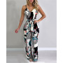 Women Wide Leg Long Pants Jumpsuit Floral Printed Sling V-Neck Low Chest Loose Romper Long Jumpsuit Back Zipper Up