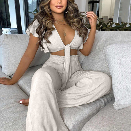 Sexy Deep V Neck Short Sleeve Two Piece Set Women's Solid Elegant Bow Tie Crop Top Wide Leg Pants Beach Boohoo Set Outfits