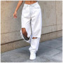 Women Jeans Button High Waist Elastic Hole Jeans Trousers Loose Denim Pocket Vintage Jeans White Pants