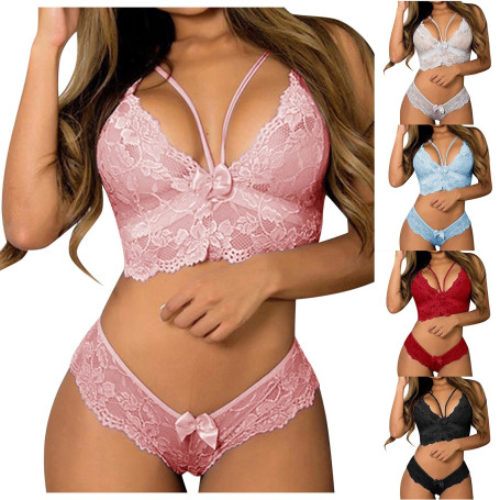 Ladies Strap Lace Crochet Cutout Teddy Lingerie Embroidery Gauze Underwear Push Up Bra Sexy Lingerie Set