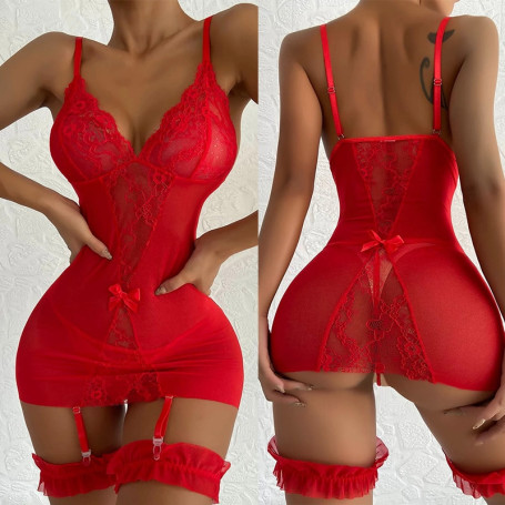 Plus Size Ladies Lingerie Sleepwear Sexy Women Lace Nightie Gown Underwear Garter Belt Sexy Costume Mesh Nightwear
