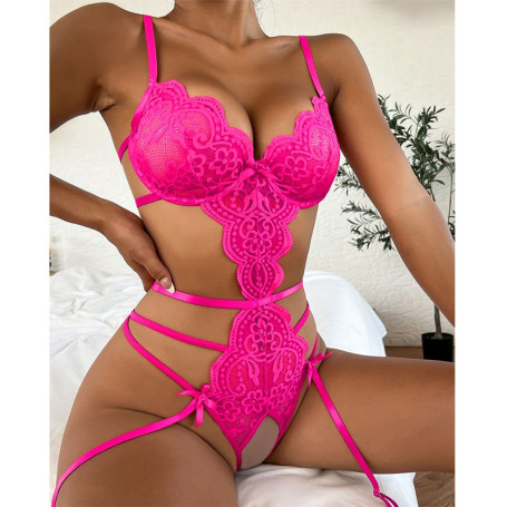 Erotic Lingerie Set Sexy Crotchets Bodysuits Underwear Women Lace Sling Patchwork G-String Sheer Bra Set